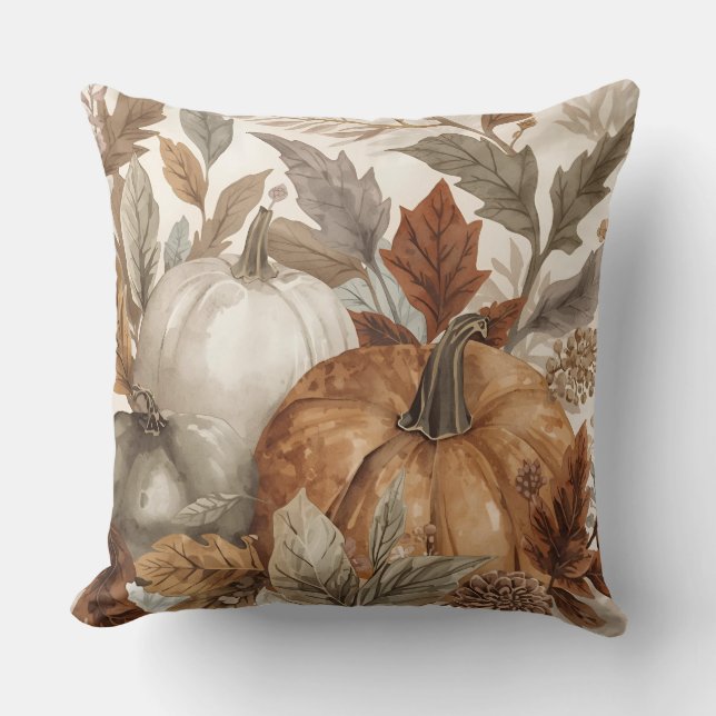 Thanksgiving,Watercolor Pumpkins and Leafs Pattern Throw Pillow (Front)