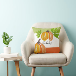 Thanksgiving Watercolor Pumpkins Personalized Throw Pillow
