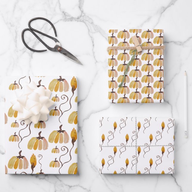 Thanksgiving Watercolor Pumpkins Wrapping Paper Sheet (Front)