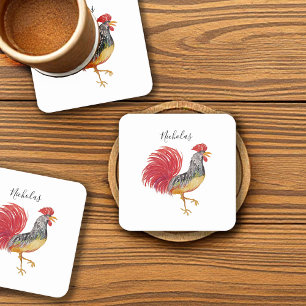 Thanksgiving Watercolor Rooster Personalized Square Paper Coaster