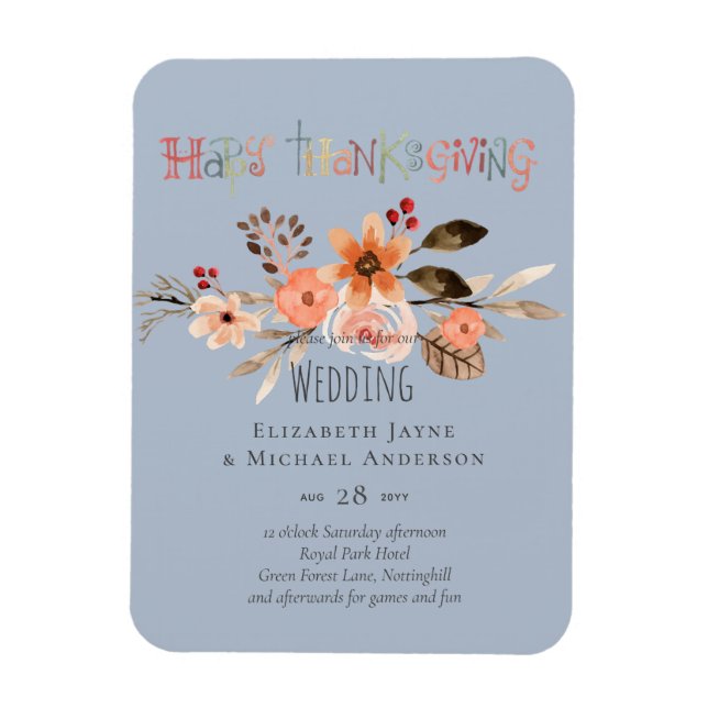 Thanksgiving Wedding Invitations Dusty Blue Orange Magnet (Vertical)
