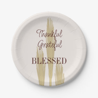 Thanksgiving Wheat Thankful Grateful Blessed 7" Paper Plate