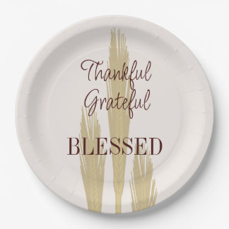 Thanksgiving Wheat Thankful Grateful Blessed 9" Paper Plate