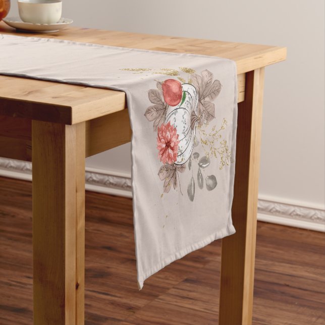 Thanksgiving White Pumpkin and Fall Flowers Short Table Runner (In Situ)