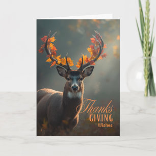 Thanksgiving Wishes Deer with Antler Leaves Holiday Card