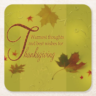 Thanksgiving Wishes Typography Leaves Square Paper Coaster