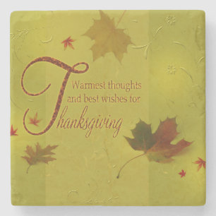 Thanksgiving Wishes Typography Leaves Stone Coaster