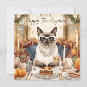 Thanksgiving with pumpkin and flower for cat lover holiday card