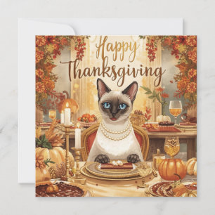 Thanksgiving with pumpkin and flower for cat lover holiday card