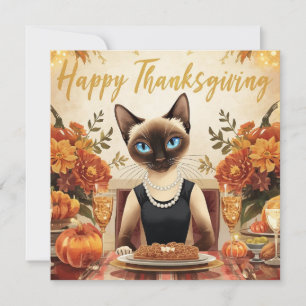 Thanksgiving with pumpkin and flower for cat lover holiday card