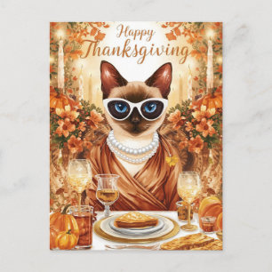 Thanksgiving with pumpkin and flower for cat lover holiday postcard