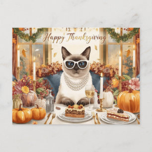 Thanksgiving with pumpkin and flower for cat lover holiday postcard