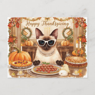 Thanksgiving with pumpkin and flower for cat lover holiday postcard