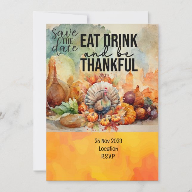 Thanksgiving  with Turkey save the date invitation (Front)