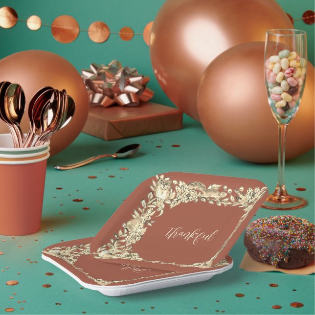 Thanksgiving Woodland Animal Rustic Fall Copper Pa Paper Plate (Multi)