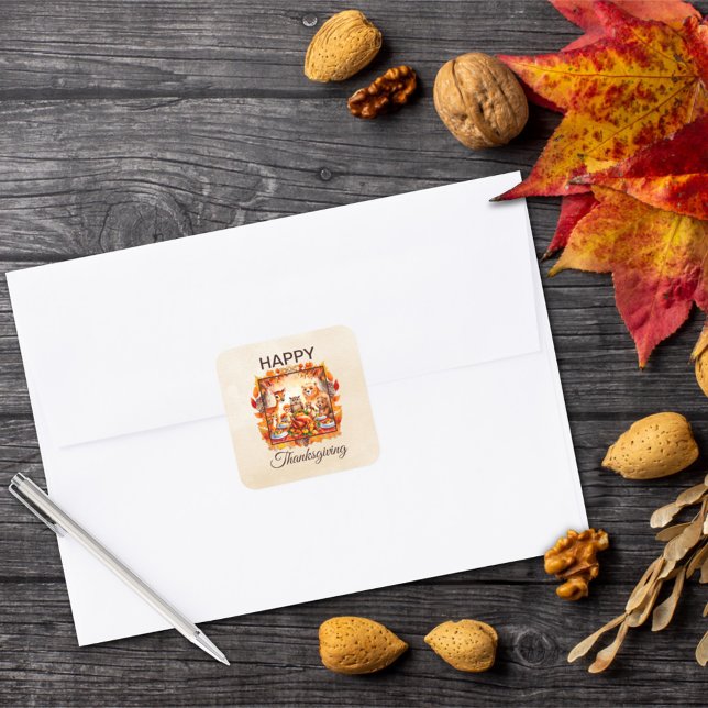 Thanksgiving Woodland Animals Autumn Leaves Square Sticker (Creator Uploaded)