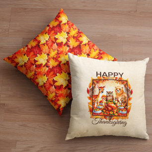 Thanksgiving Woodland Animals Autumn Leaves Throw Pillow