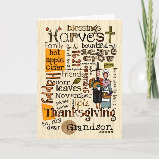 Thanksgiving Wordcloud - Grandson Holiday Card (Front)