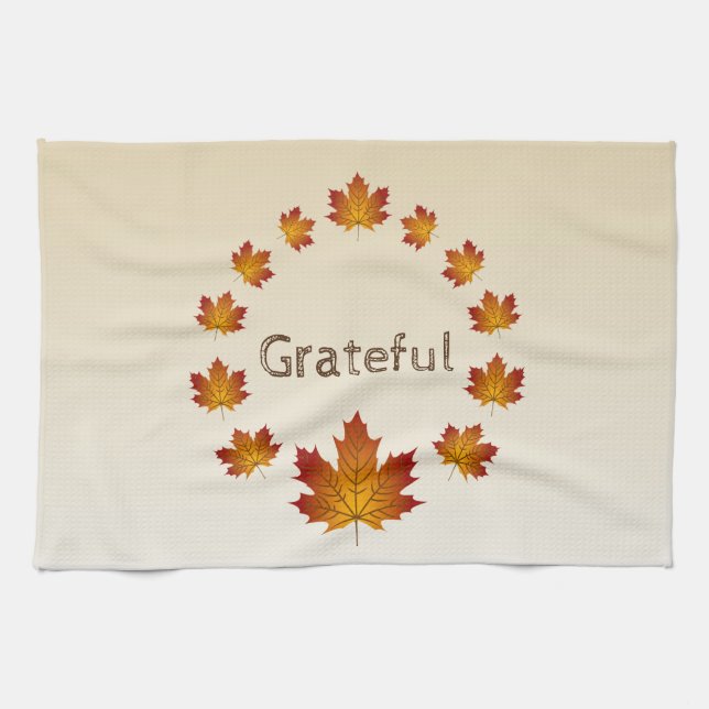 Thanksgiving Wreath Grateful Simple Maple Leaves Kitchen Towel (Horizontal)