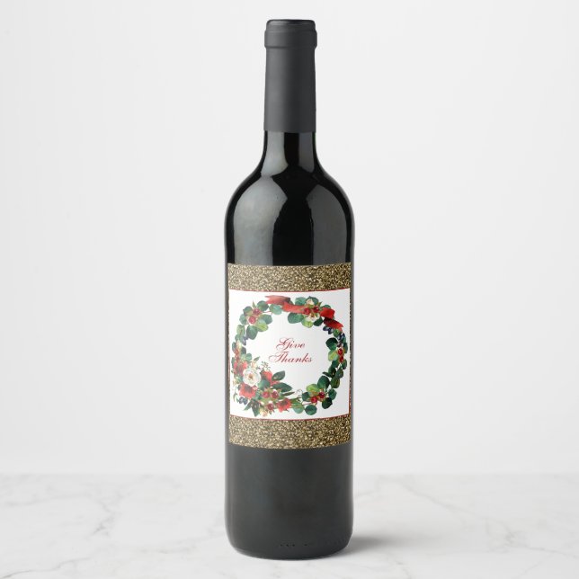 Thanksgiving Wreath Watercolor Design Wine Label (Front)