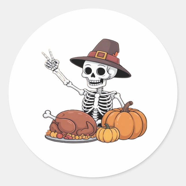 Thanksgiving X-ray Skeleton Funny Rock Hand Fall L Classic Round Sticker (Front)