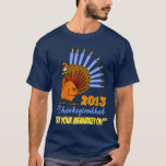 Thanksgivukkah 2013 "Get Your Menurkey On" T-Shirt<br><div class="desc">Celebrate Thanksgivukkah 2013 with this classic menurkey t-shirt! Featuring a funny cartoon turkey with a menorah for a tail. A Hanukkah Thanksgiving will not occur for another 77, 000 years! So grab this great commemorative keepsake shirt for this once-in-a-lifetime-celebration. *Makes a great gift for Hanukkah AND Thanksgiving 2013 * Choose...</div>