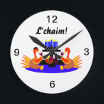 Thanksgivukkah Wine Toasting Turkeys Clock<br><div class="desc">A funny Thanksgivukkah design on a wall clock and multiple products and giftware featuring an original design by c.a.teresa of two wine toasting turkeys, one wearing a yamaka, with a menorah, Star of David to celebrate the combined Thanksgiving and Hanukkah Jewish Holiday. All products can be customized with different styles...</div>