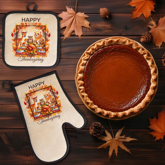Thankssgiving Woodland Animals Autumn Leaves Oven Mitt & Pot Holder Set (Creator Uploaded)