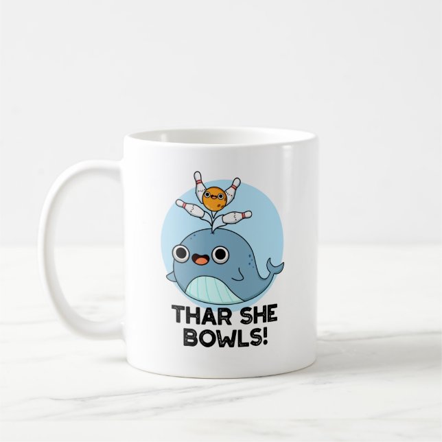 Thar She Bowls Funny Whale Bowling Pun  Coffee Mug (Left)