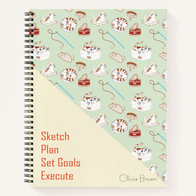 That Cat Life Cat Pattern Green Beige with Name Notebook (Front)
