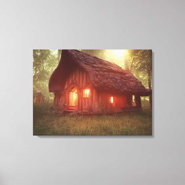 THATCHED COTTAGE CABIN FANTASY ART WRAPPED CANVAS (Front)