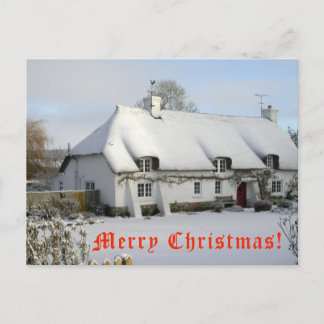 Thatched cottage in snow Christmas postcard