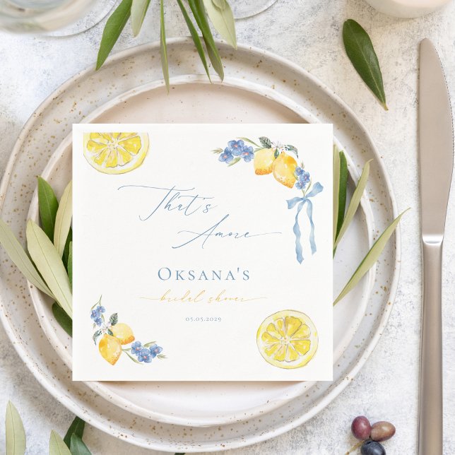 That's Amore Blue Bow Lemons Italian Bridal Shower Napkin (Creator Uploaded)