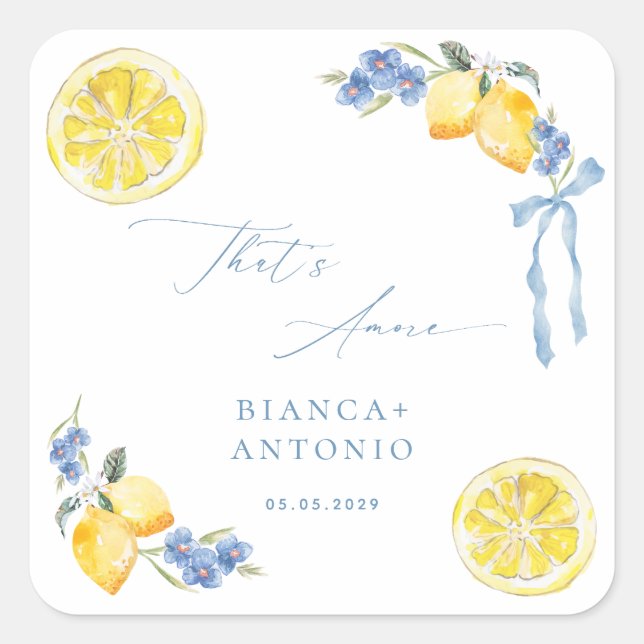 That's Amore Blue Bow Lemons Italian Wedding Favor Square Sticker (Front)