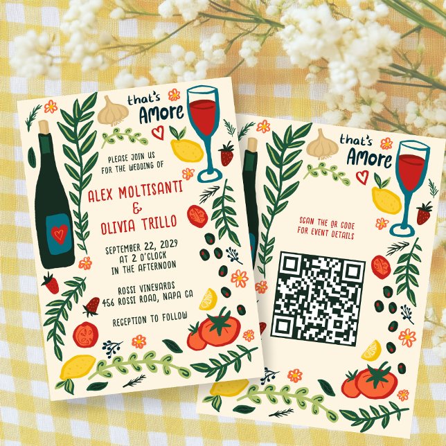 That's Amore Italian Food CUSTOM QR Wedding Party  Invitation (That's Amore Italian Food CUSTOM QR Hand-drawn Charming Wedding Party Invitation
)