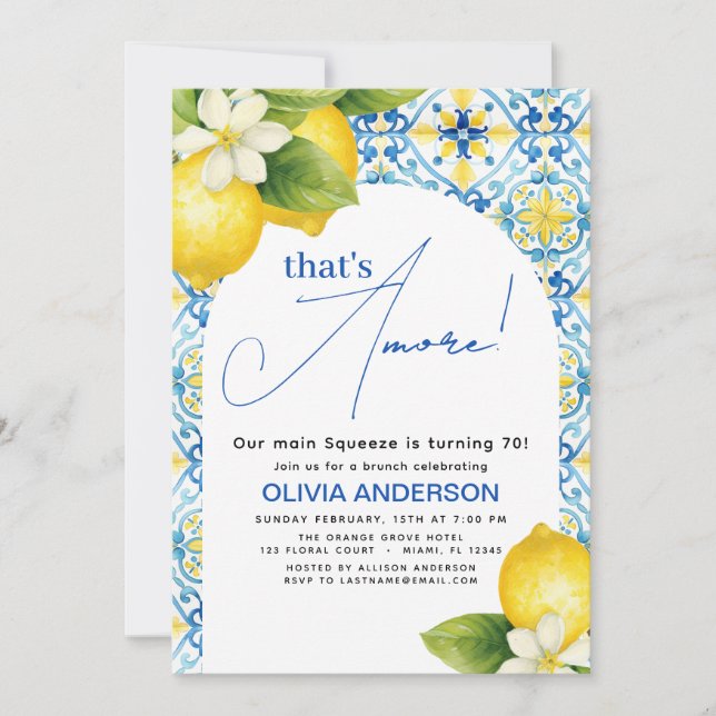 That's Amore Italian Lemon Blue Tile Birthday Invitation (Front)