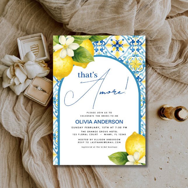 That's Amore Italian Lemon Blue Tile Bridal Shower Invitation (Creator Uploaded)