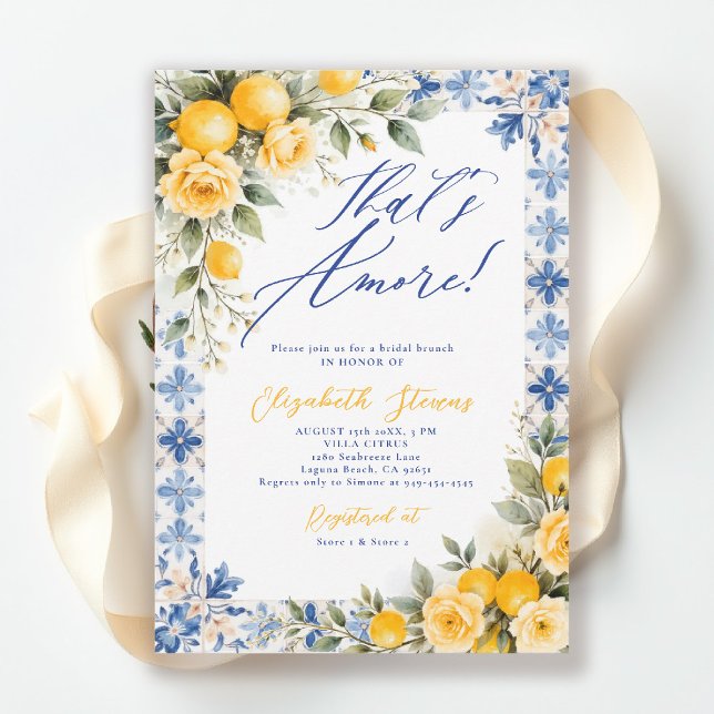 Thats Amore Lemon Blue Tile Italian Bridal Shower  Invitation (thats amore bridal shower theme lemon blue tile frame italian summer invitation yellow floral script)
