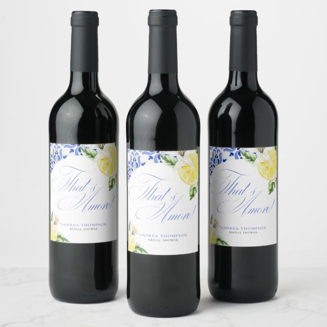 That's Amore Lemon Italian Blue Tile Bridal Shower Wine Label (Bottles)