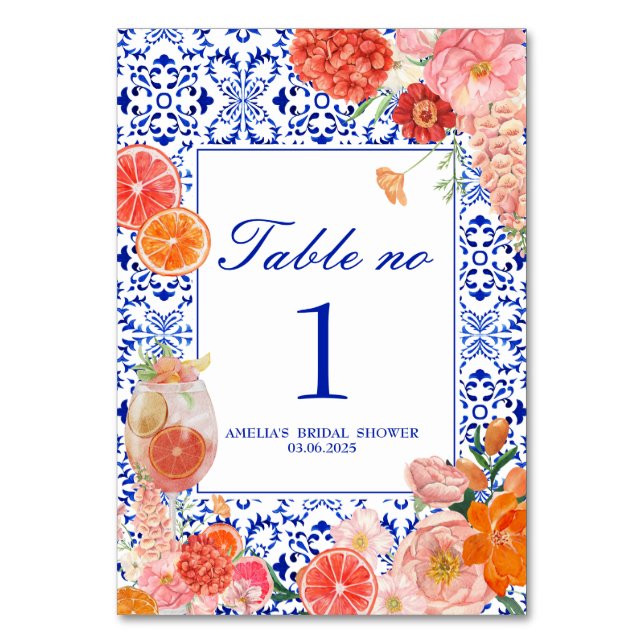 Thats amore orange Mediterranean bridal shower Table Number (Front)