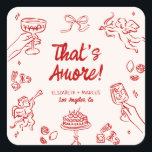 That's Amore! Red Italian Engagement Square Sticker<br><div class="desc">The That's Amore! Red Italian suite is a playful and passionate celebration of love with a retro twist. This collection features bold red hand-drawn illustrations inspired by all things Italian—think wine glasses, pizza slices, confetti, and cherubs—all set against a soft cream background. Whimsical linework and a striking striped backing card...</div>