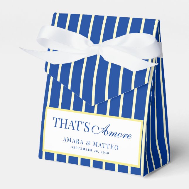 That's Amore Striped Blue & Yellow Wedding Favor Box (Front Side)