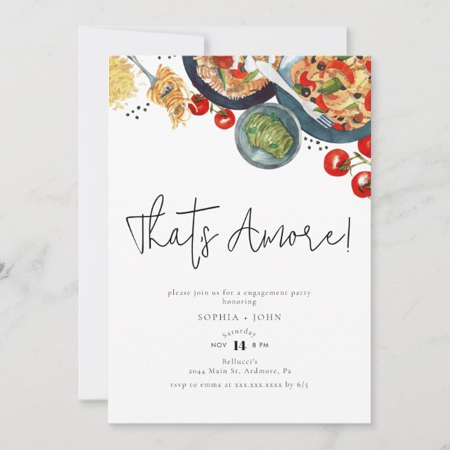 That's Amore! Watercolor Italian Food Engagement  Invitation (Front)