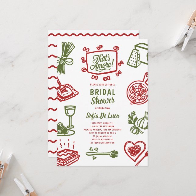 That's Amore Whimsical Pasta Bridal Shower Invitation (Front/Back In Situ)