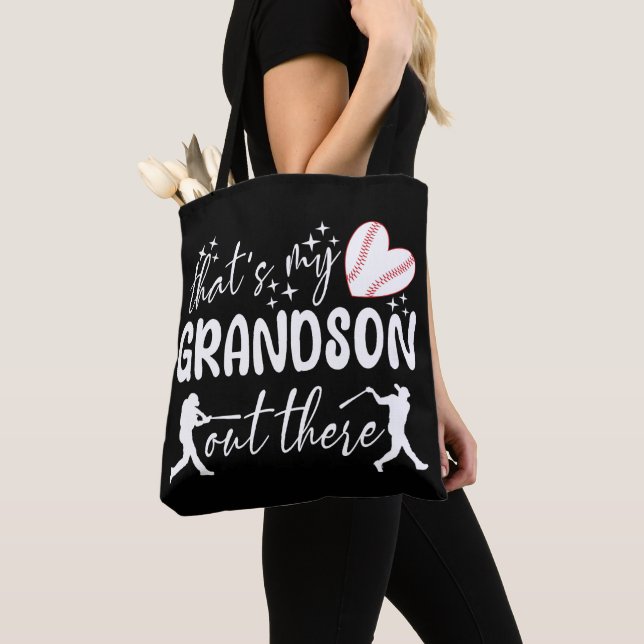 That's My Grandson Out There Funny Grandma Tote Bag (Close Up)