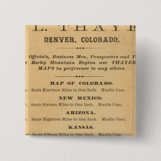 Thayer's map of Colorado 2 Inch Square Button (Front)