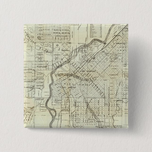 Thayer's Map of Denver Colorado 2 Inch Square Button (Front)