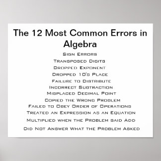 The 12 Most Common Algebra Errors Poster