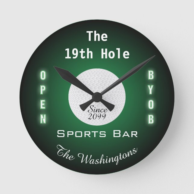 The 19th Hole Golf Golfers Sports Bar Wall Clock (Front)