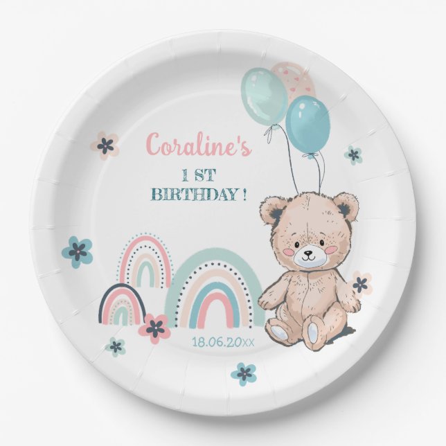 The 1st Birthday Paper Plate - cute teddy bear. (Front)
